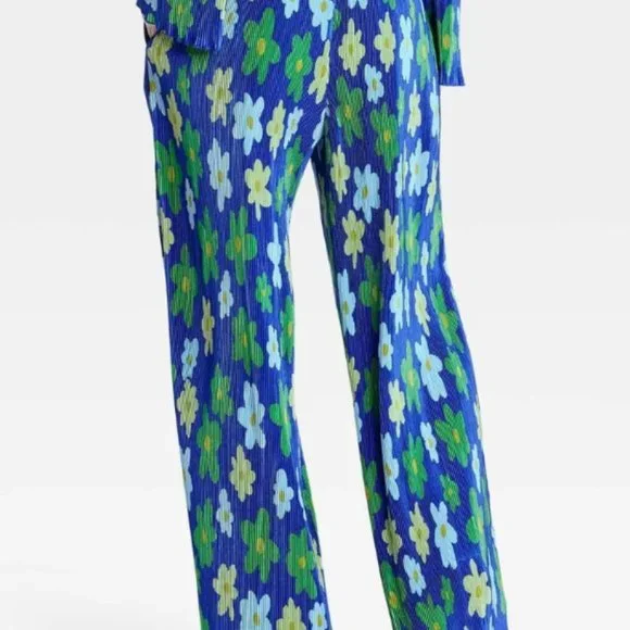 Target x Sammy B Wide Leg Pleated Trousers Pants Blue Flowers Size XL New - Picture 1 of 6
